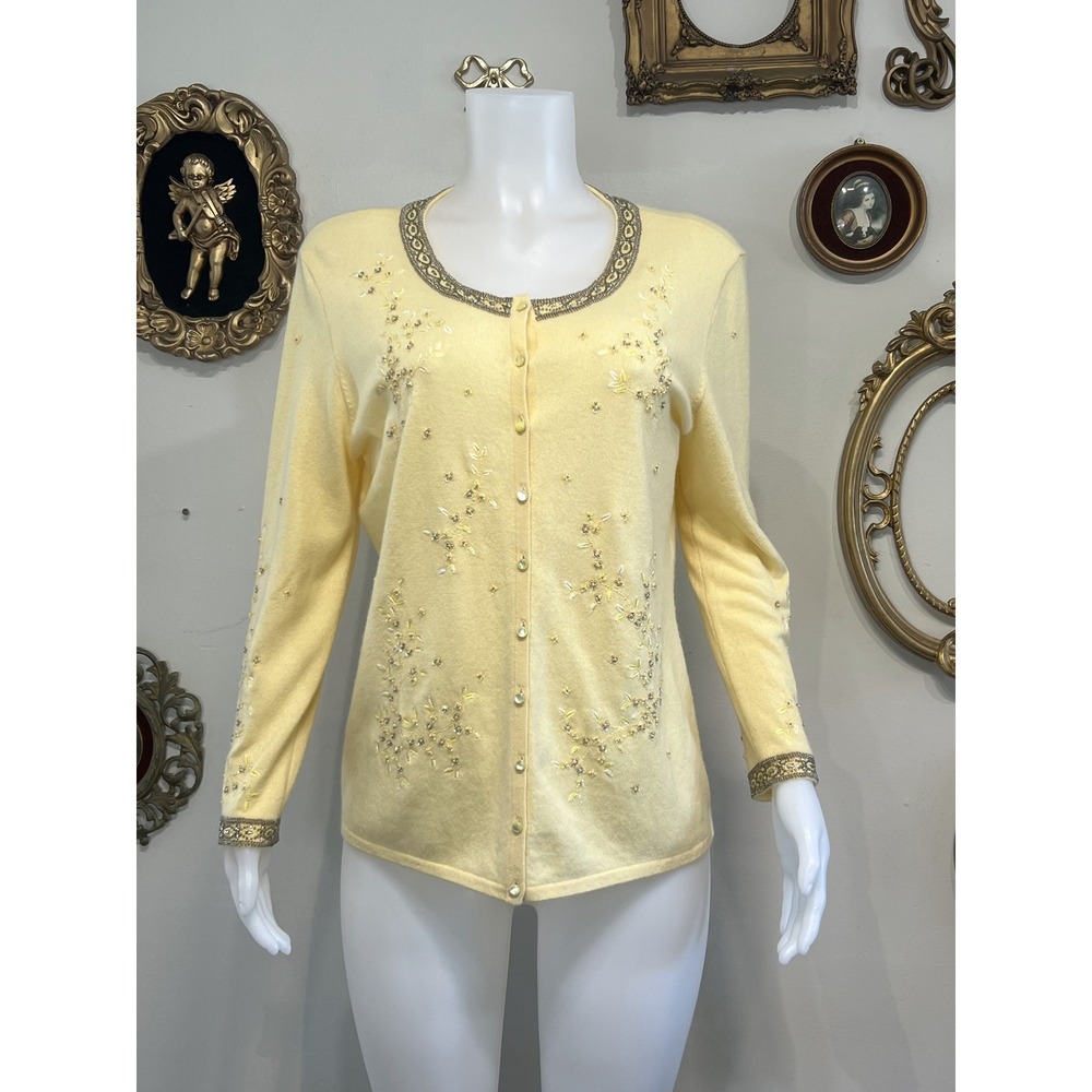 Escada Vintage Yellow Beaded Embellished 100% Cashmere Cardigan Sweater Size 42